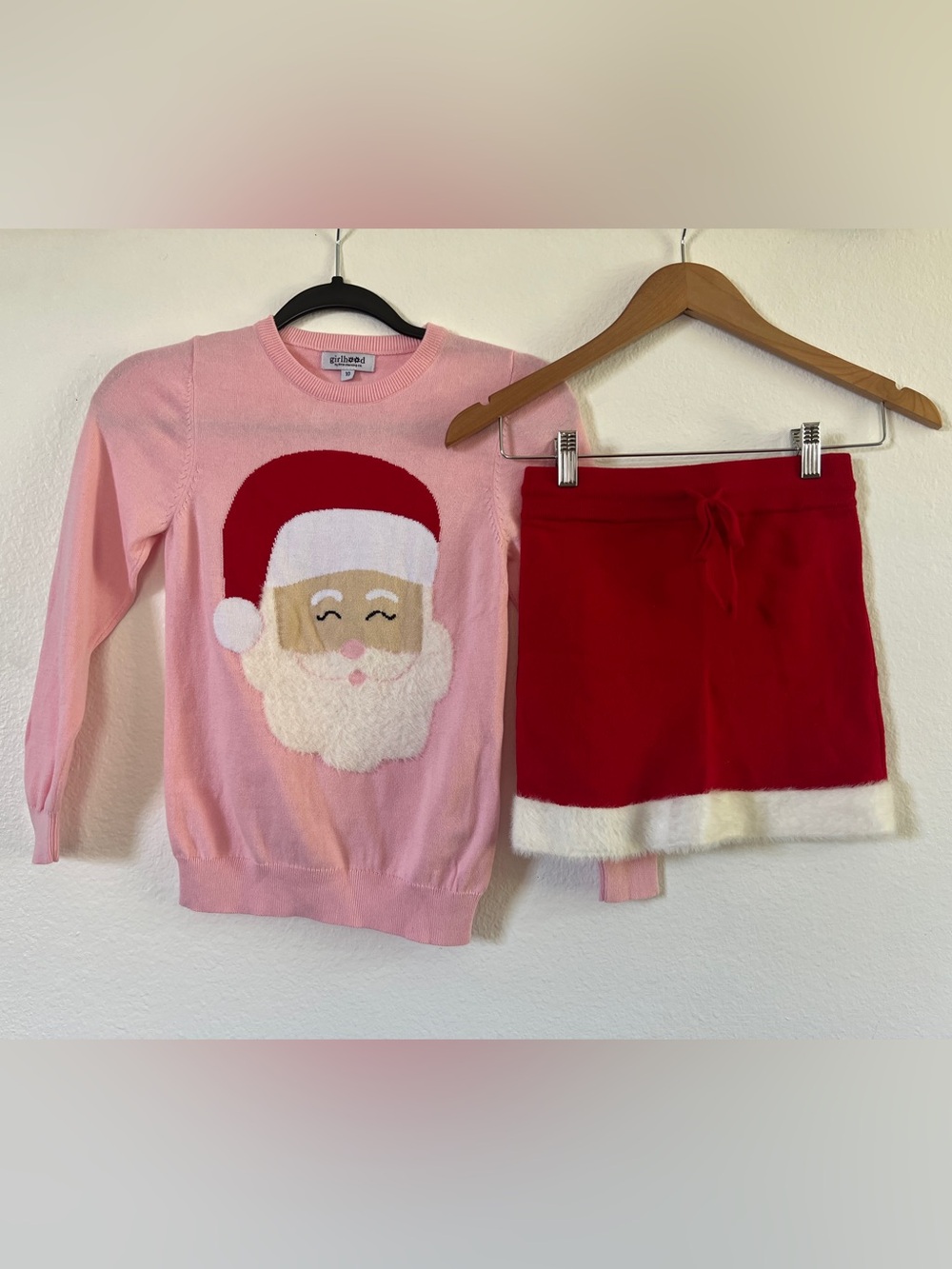 girlhood Pink Santa Sweater with Red Faux-Fur Trim Skirt